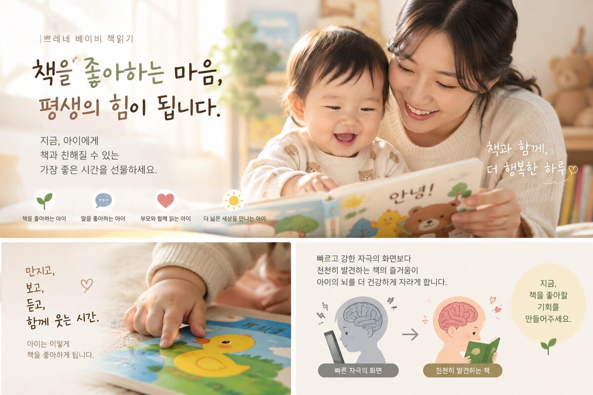 엄마와 아기가 함께 그림책을 보며 웃는 모습. 만지고, 보고, 듣고, 함께 웃는 시간.