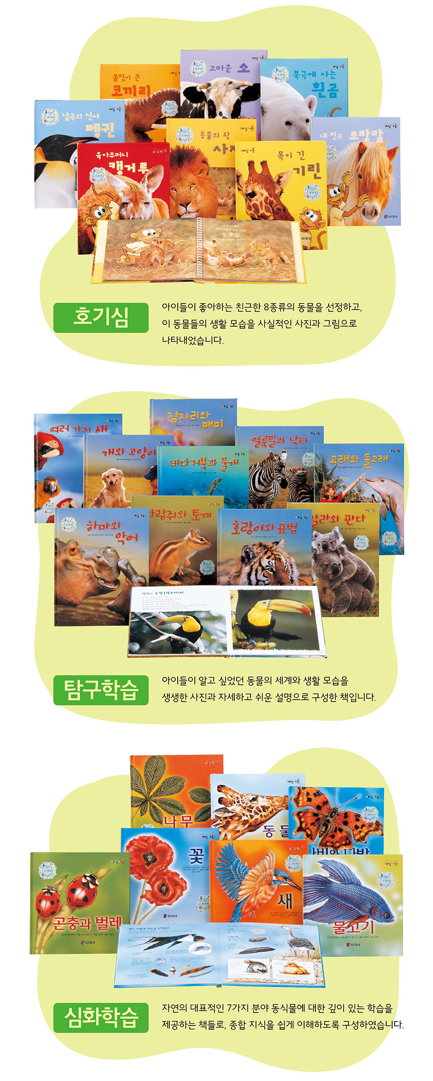 호기심: 아이들이 좋아하는 친근한 동물의 특징을 선별, 동물들의 생활 모습을 사실적인 사진과 그림으로 소개. 탐구학습: 아이들이 알고 싶어하는 동물의 세계와 생활 모습을 다양한 사진과 지식을 쉬운 설명으로 구성. 심화학습: 아이들이 대표적인 기가지 동물의 특성에 대한 깊이 있는 학습