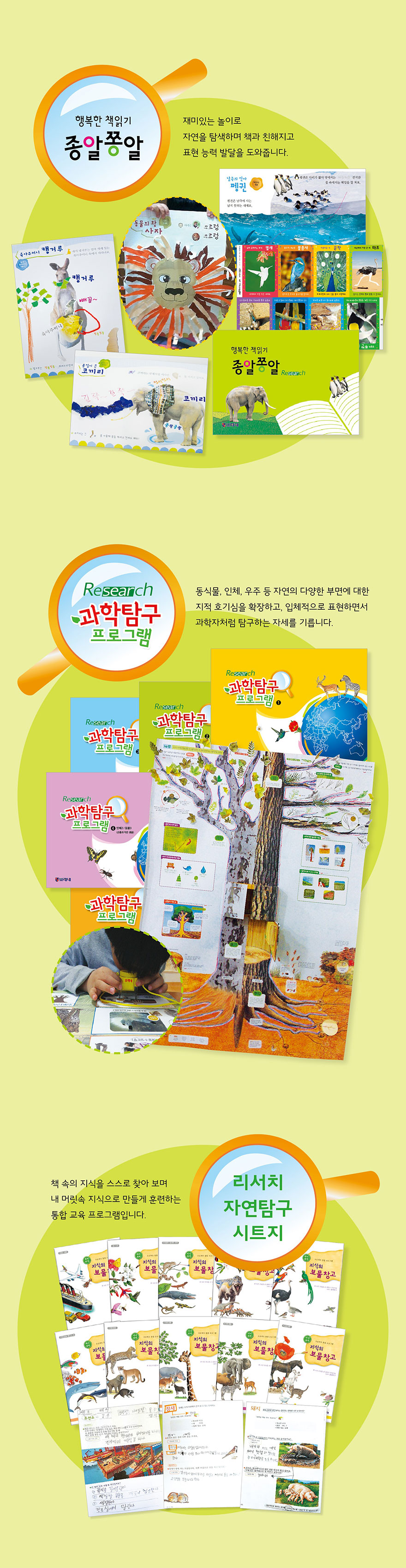 종알쫑알: 돌려가며 다양한 동물을 만나보고 탐험하는 활동. Research 과학탐구 프로그램: 물질, 에너지, 지구와 우주, 동식물, 생활과학을 소개하고 실험하고 관찰하기. 리서치 자연탐구 시트지: 다양한 활동과 탐구 시트