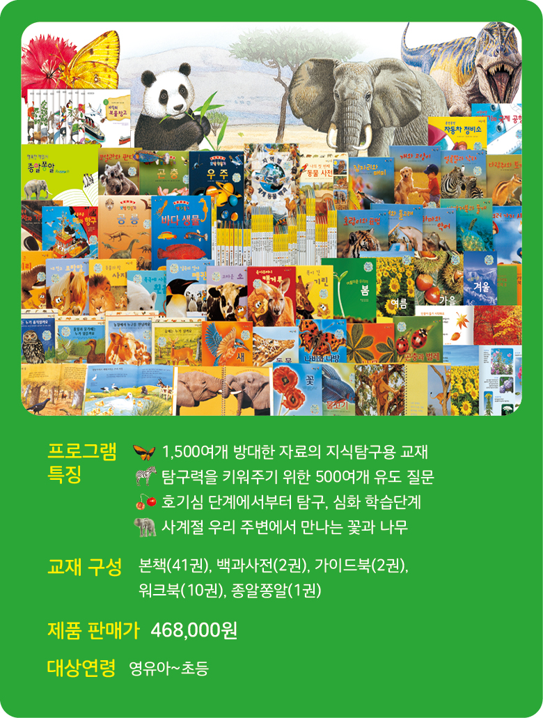 리서치 자연탐구 / 과학탐구 프로그램 소개 - 프로그램 특징: 1,500여개 방대한 자료의 지식탐구 교재, 탐구력을 키워주기 위한 500여가지 돋보기 활동, 자연 속에서 과학과 수학의 원리를 발견, 사계절 우리 주변에서 만나는 놀라운 자연. 교재 구성: 본책 41권, 백과사전 2권, 가이드북 2권, 워크북 1권, 돋보기 70장, 종알쫑알 1장. 제품 판매가 468,000원. 대상연령: 영아~초등