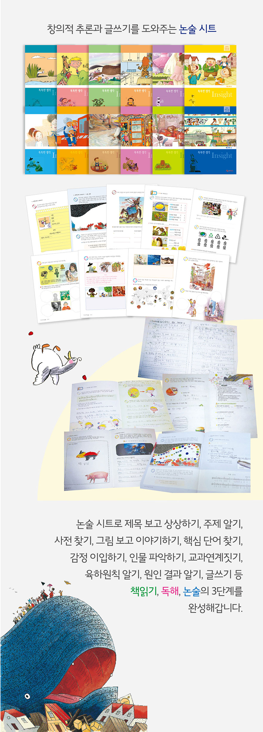 창의적 추론과 글쓰기를 도와주는 논술 시트 - 논술 시트로 제목 보고 상상하기, 주제 알기, 사전 찾기, 그림 보고 이야기하기, 핵심 단어 찾기, 감정 이입하기, 인물 파악하기, 교과연계찾기, 육하원칙 알기, 원인 결과 알기, 글쓰기 등. 책읽기, 독해, 논술의 3단계를 완성해갑니다