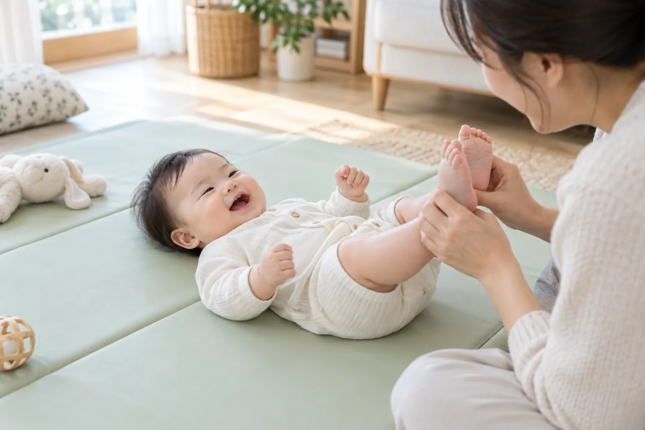 매트에 누워 보호자와 발을 움직이는 신체 놀이를 하는 아기