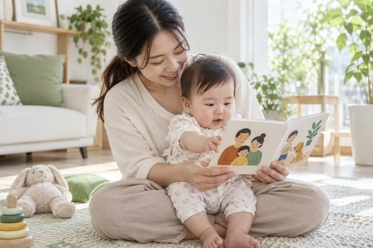 엄마의 품에서 가족 그림책을 함께 살펴보는 아기