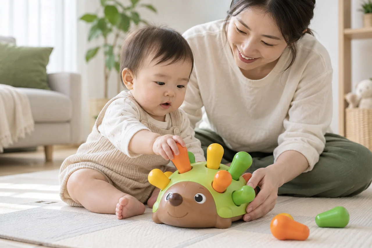 보호자와 함께 고슴도치 모양 감각 놀잇감을 탐색하는 아기