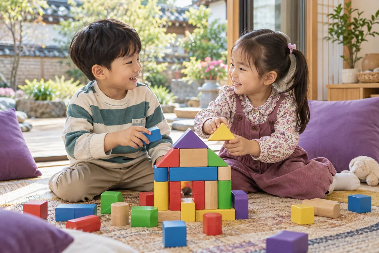함께 블록집을 만들며 즐겁게 놀이하는 두 아이
