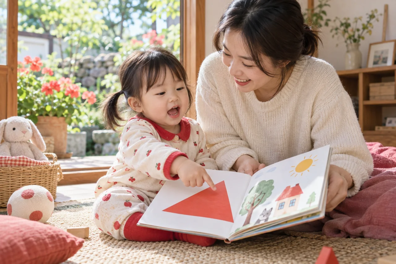엄마와 그림책 속 모양을 보며 이야기하는 아이